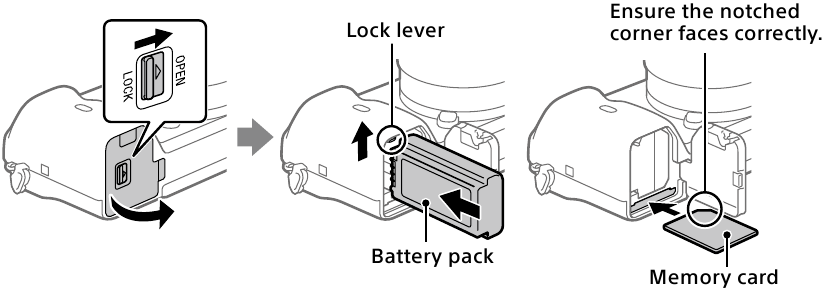Inserting battery pack/memory card into the unit