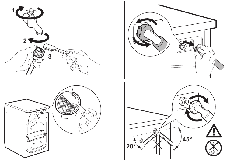 Cleaning the inlet hose and the valve filter