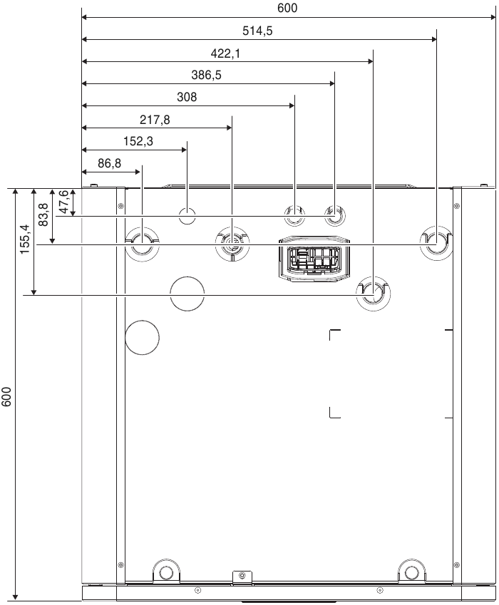 Dimensions, connections, top view
