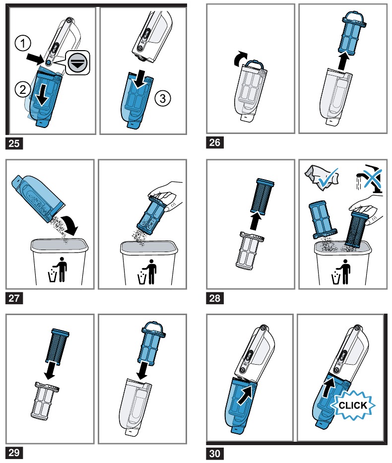 Emptying the dust container and cleaning the filter unit