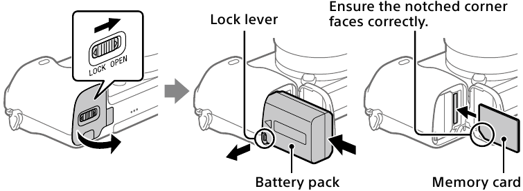 Inserting battery pack/memory card into the unit
