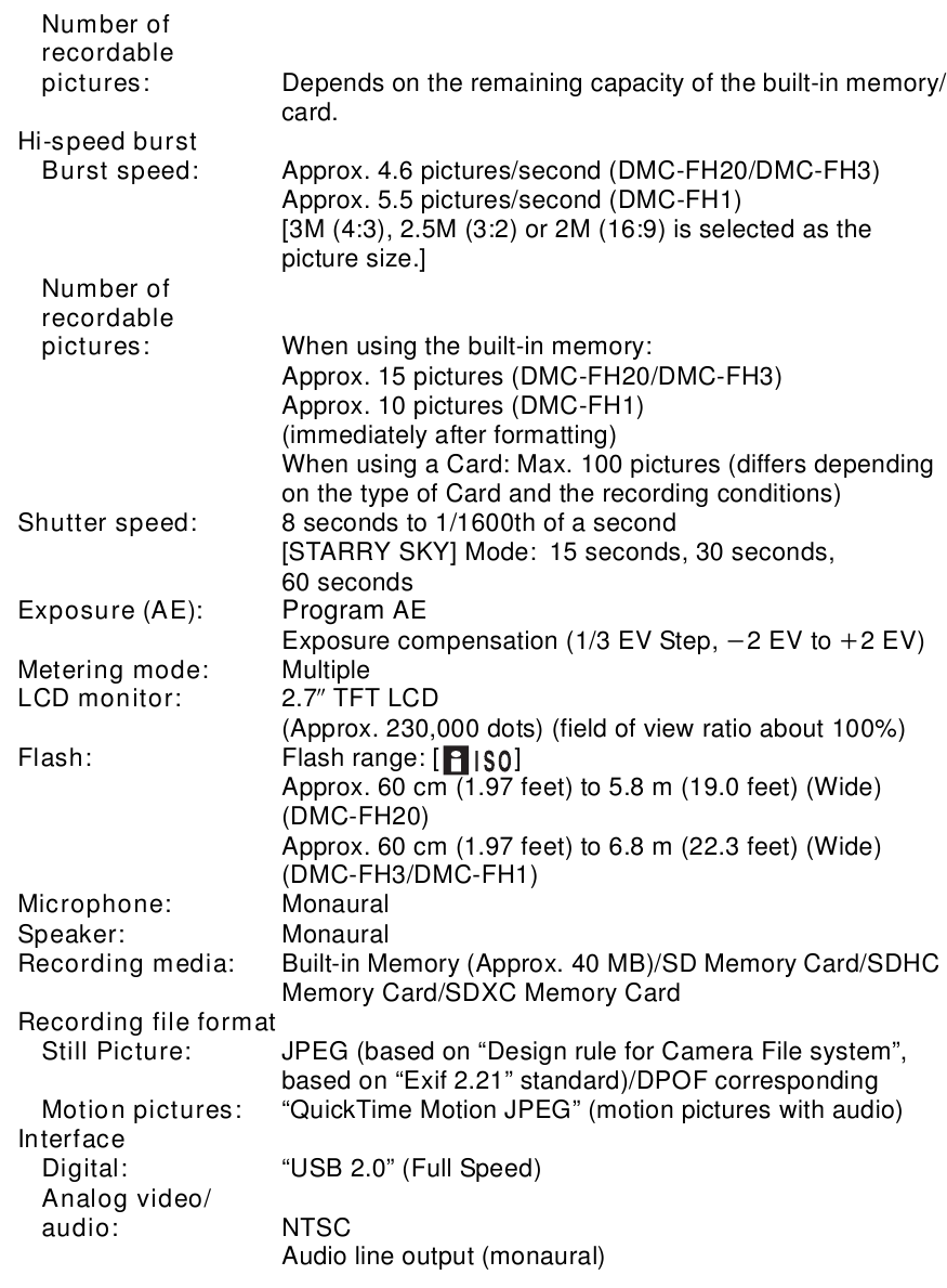 Specifications - Table 2