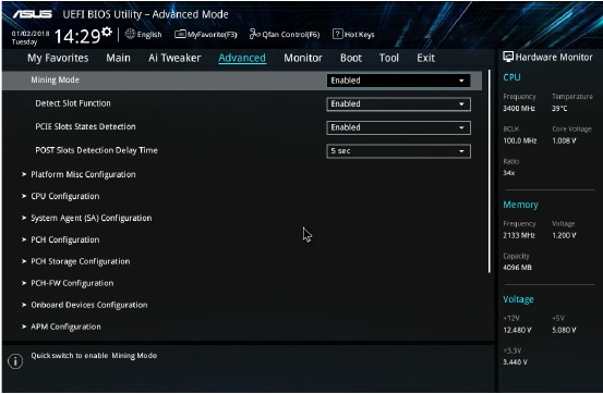 Changing the mining mode in BIOS