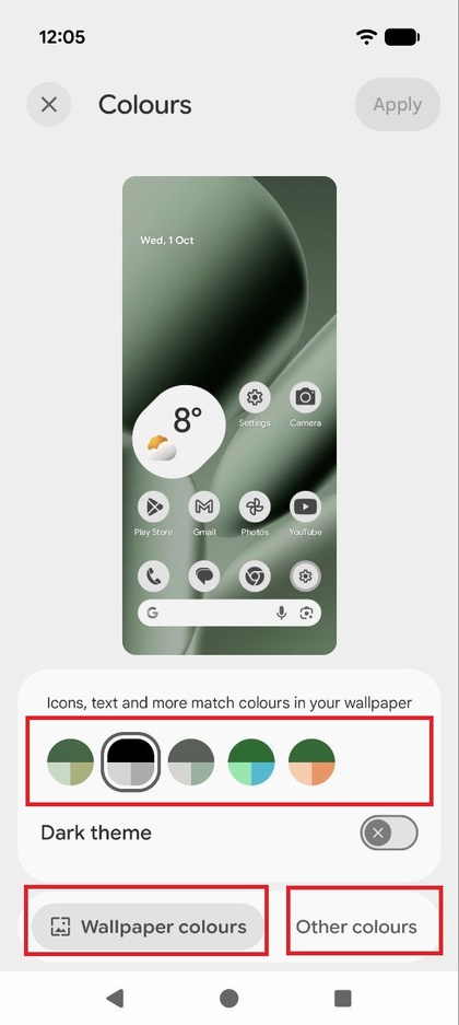 Screenshot of the Color options menu showing different palette choices Wallpaper colors and a selection of Other colors.