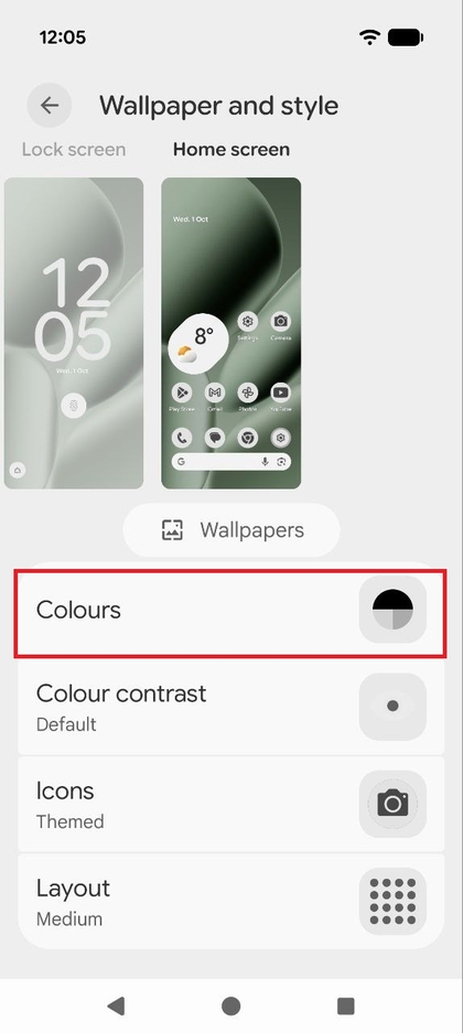 Screenshot of the Home screen customization menu showing the Colors option highlighted.
