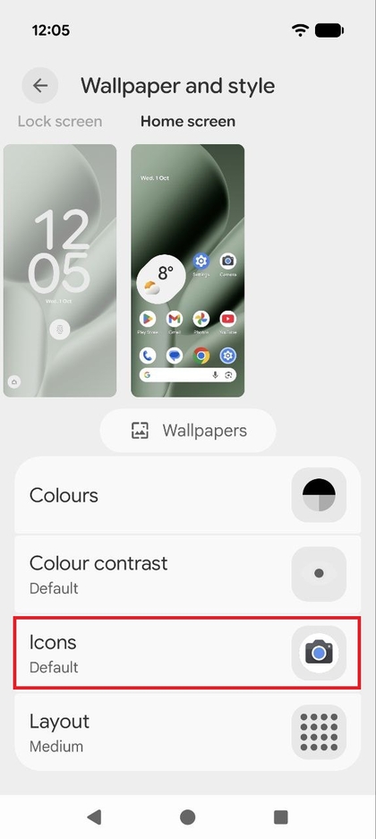 Screenshot of the Home screen customization menu showing the Icons option highlighted.