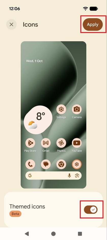 Screenshot of the Themed icons option enabled with the Apply button highlighted, showing the new color applied to the preview icons.
