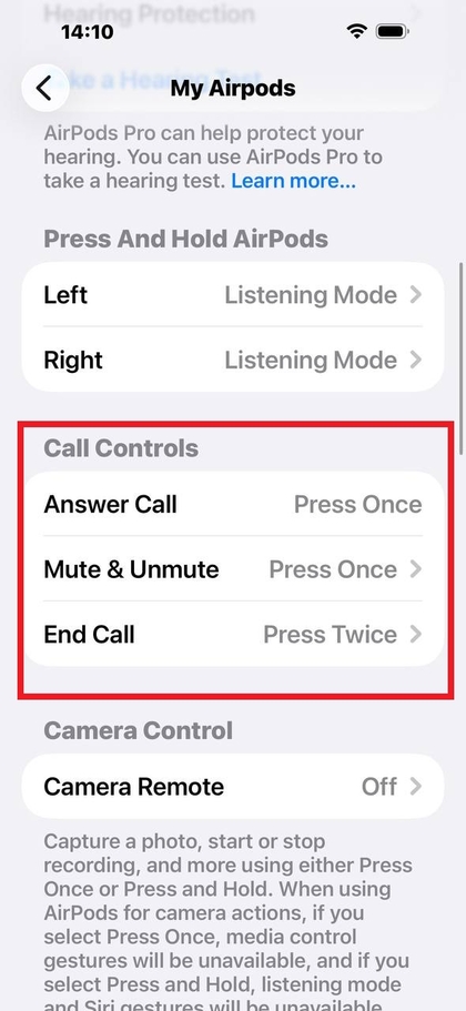Call control settings for AirPods