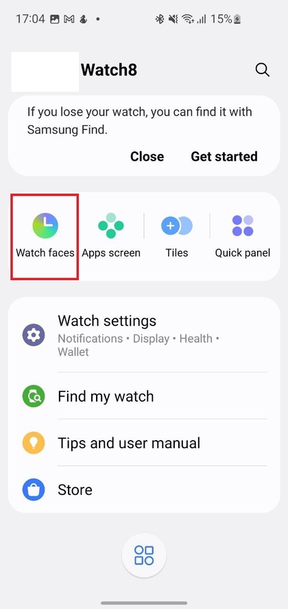 Galaxy Wearable app showing available watch faces
