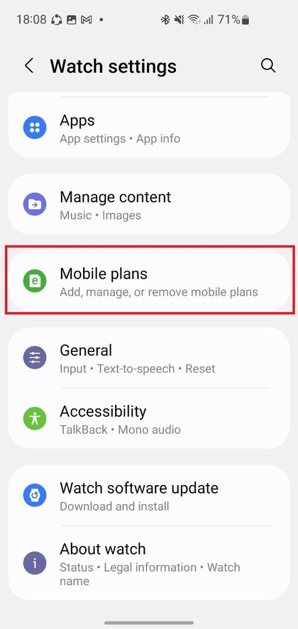 Mobile Plans menu in Wearable app
