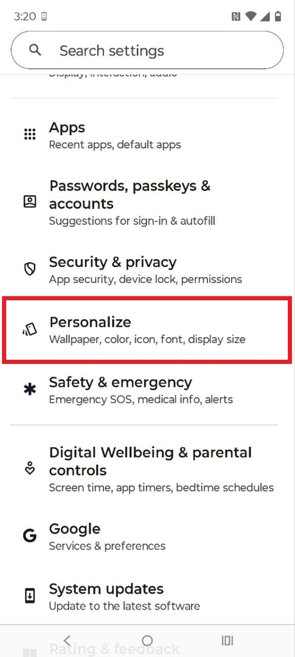 Personalize Option in Settings
