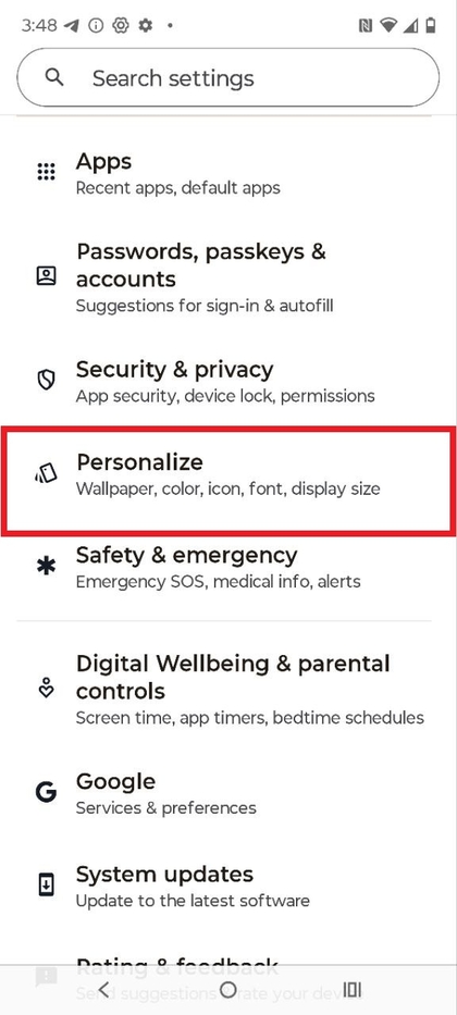 Selecting personalize in settings