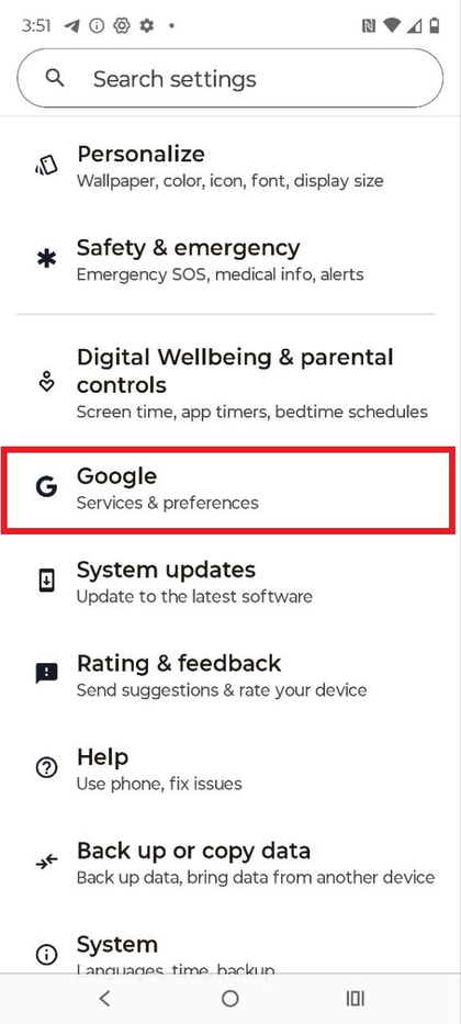 Select Google in Settings on Motorola EDGE 60 Fusion