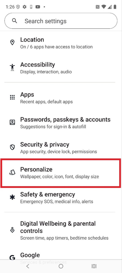 Personalize option in settings