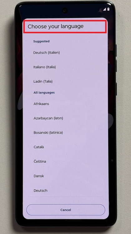 Language selection screen