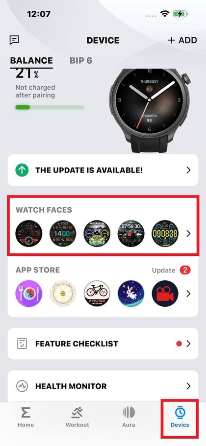 Zepp app device section showing watch face tab