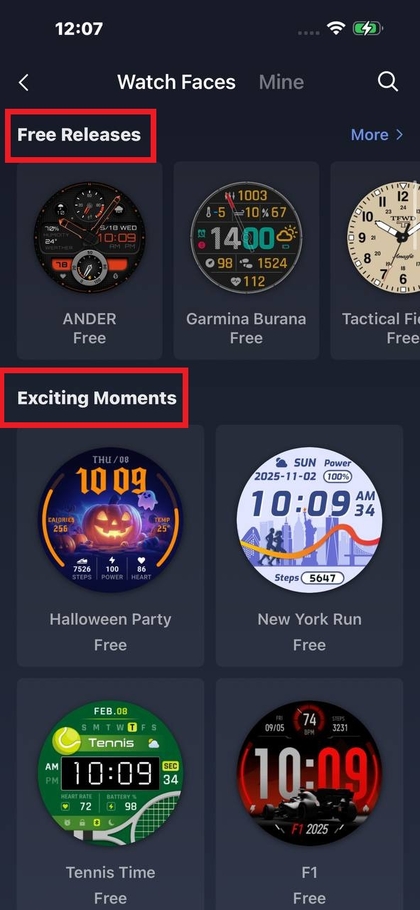 Zepp app interface showing watch face selection