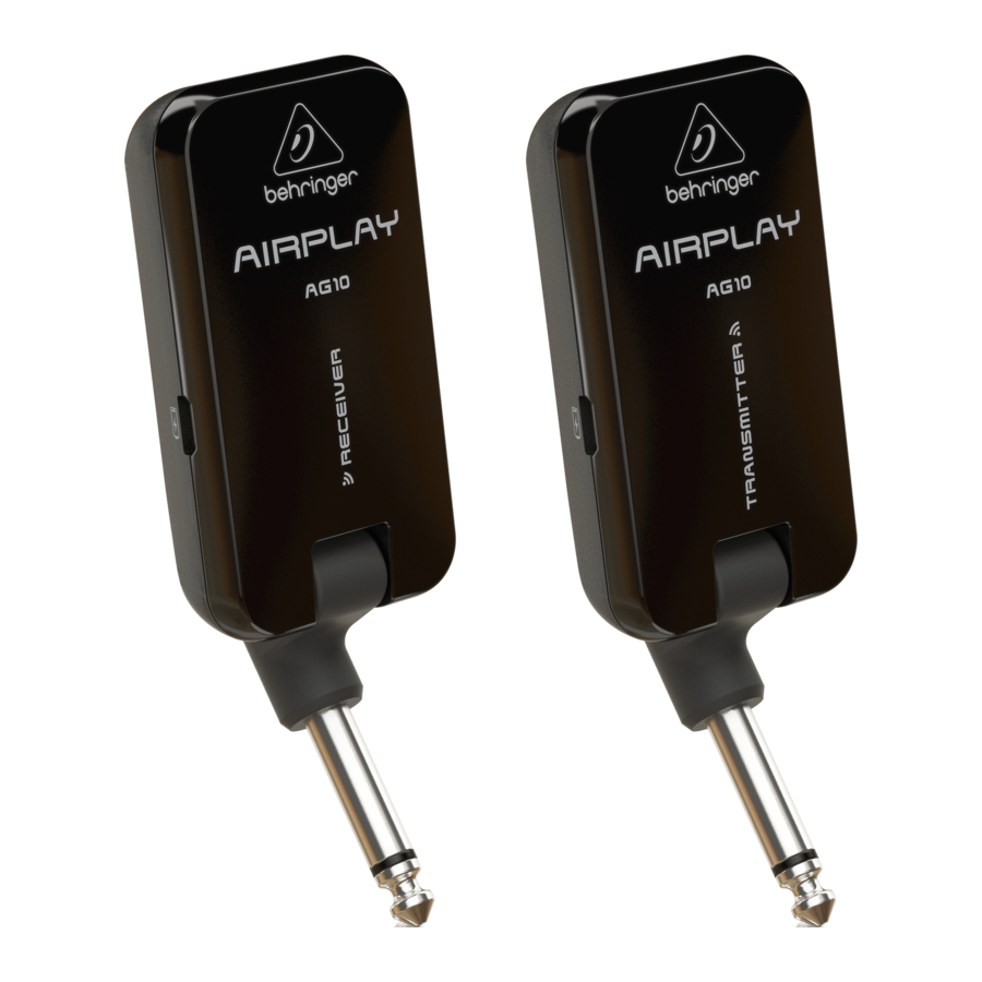 Behringer AIRPLAY GUITAR AG10 - High-Performance 2.4 GHz Guitar Wireless System Quick Start Guide