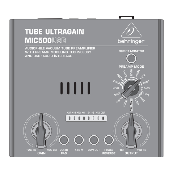 Behringer TUBE ULTRAGAIN MIC500USB Quick Start Manual