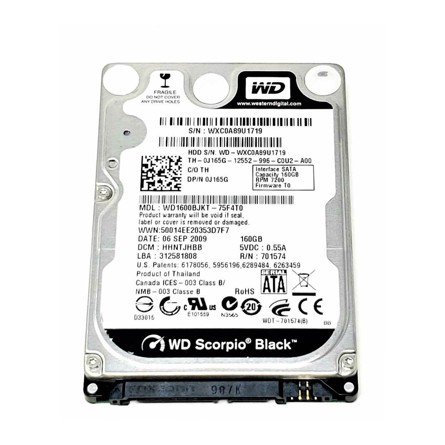 Western Digital WD1600BEKT - Scorpio 160 GB Hard Drive Product Specifications
